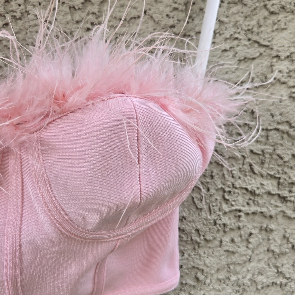 superdown Pink Feather Trim Strapless Crop Top - Picture 6 of 13